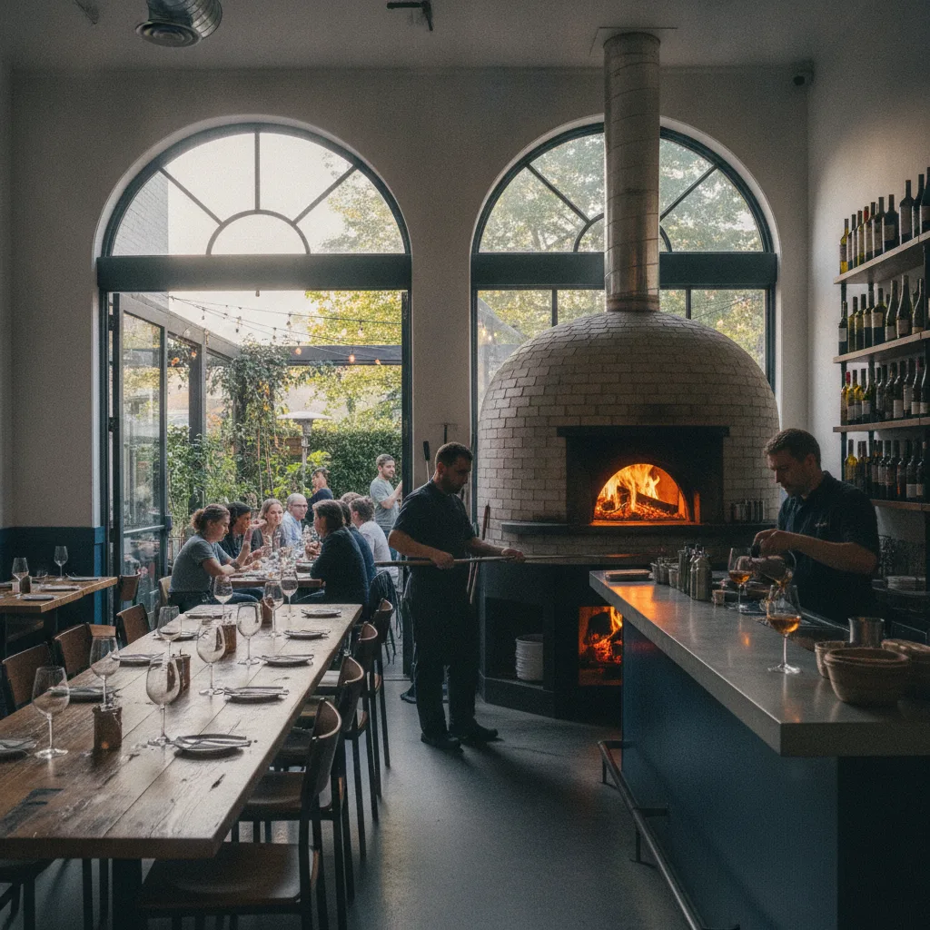 The oak-fired hearth at Ember & Rye, glowing before service