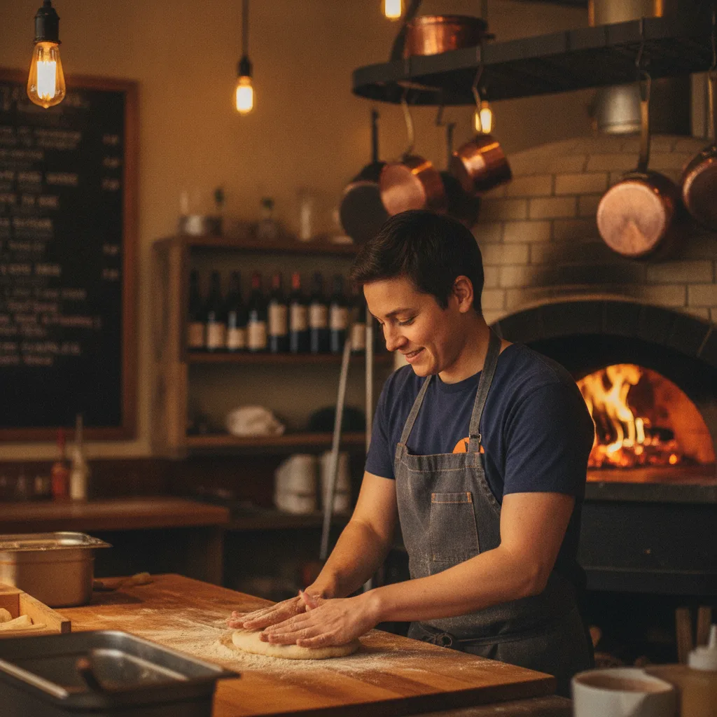 The dining room at Ember & Rye — limewash, oak, low warm light
